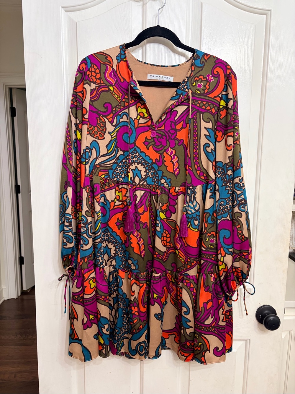 Trina Turk Beige Dress with Pink, Orange & Blue Paisley Print